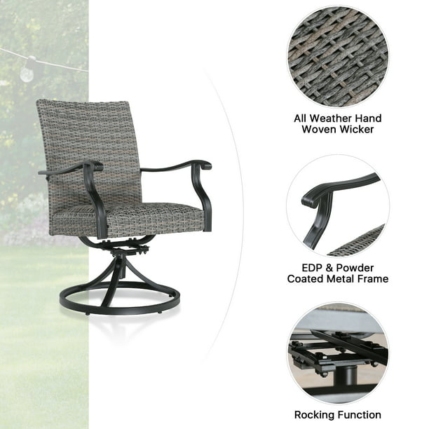 7 Pieces Patio Dining Set with 6 Swivel Wicker Dining Chairs, Rectangular 67.75"L Woodiness Grains Dining Table with 1.57” Umbrella Hole