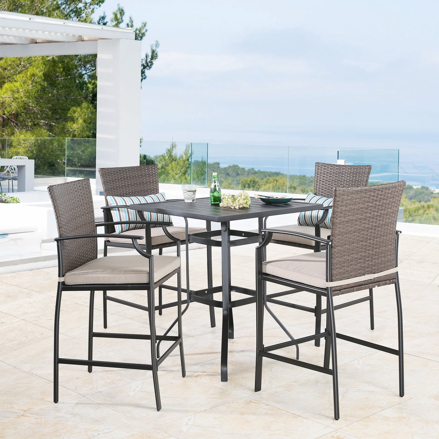 4 Pieces Metal Bar Stools Outdoor Woven Wicker Height Bistro Chairs with Beige Seat Cushions
