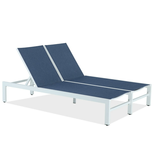 Patio Aluminum Double Textilene Chaise Lounge Outdoor Adjustable Recliner Chairs with Wheels (Navy)