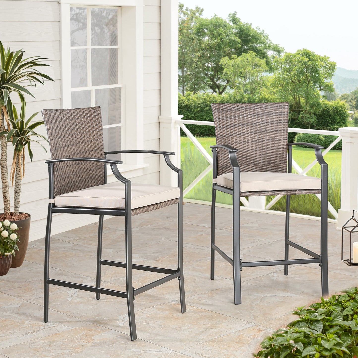 2 Pieces Patio Metal Bar Stools Outdoor Woven Wicker Height Bistro Chairs with Beige Seat Cushions