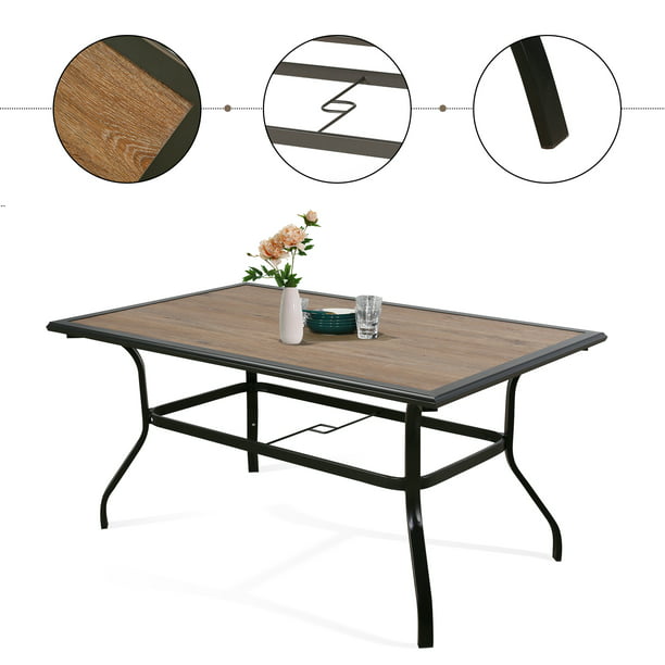 Patio Outdoor 61.5" Rectangular Dining Table, Metal Frame & Wood-Like Tabletop with 1.57” Umbrella Hole for 6 Person