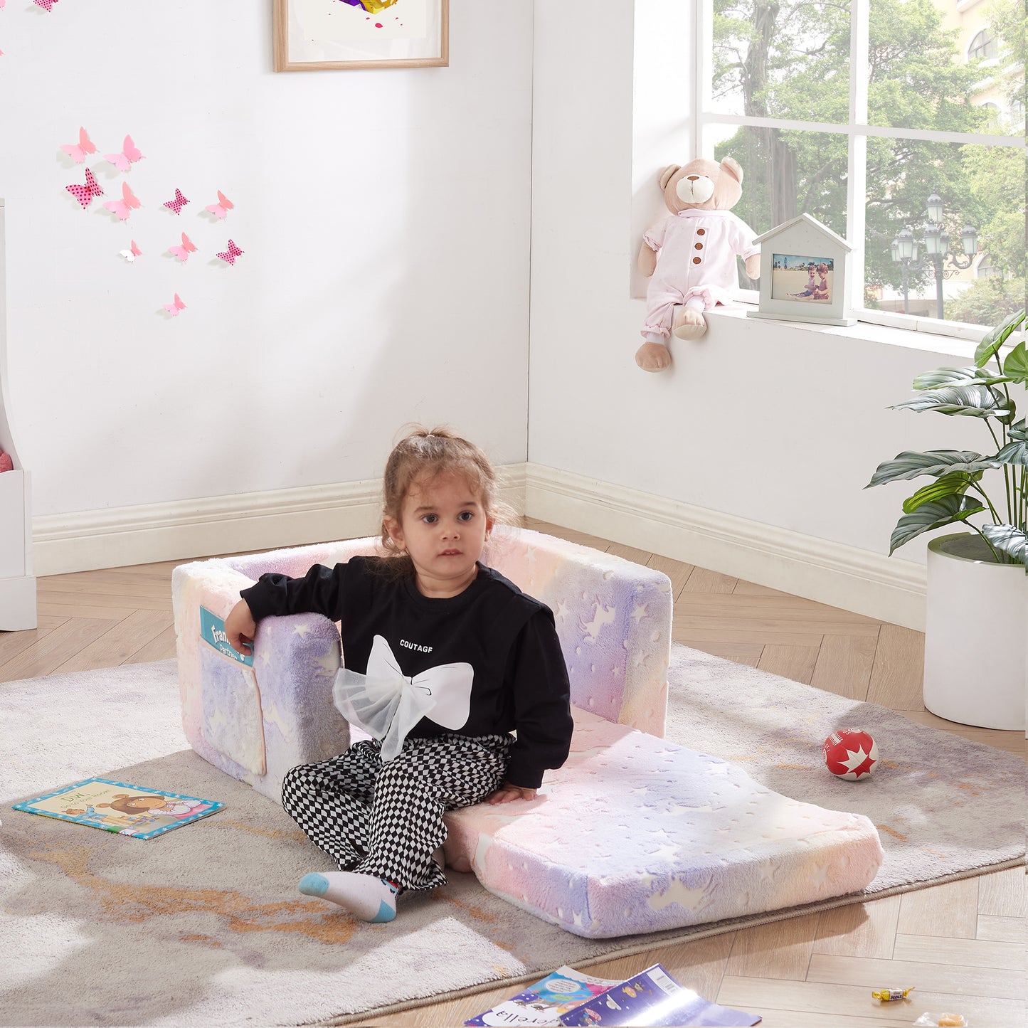 Convertible Kids Chair 2-in-1 Flip Open Kids Couch/Sleeper, Rainbow Star