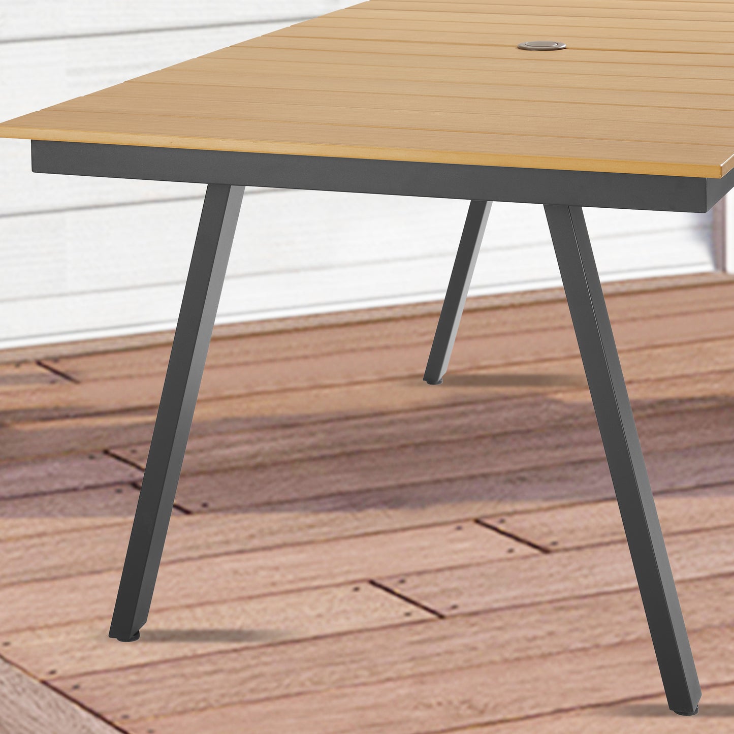 Outdoor Dining Table, Aluminum Frame with Resin Wood Slat Table Top, Patio Rectangular Table with 1.57’’ Umbrella Hole