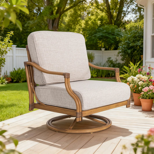 Outdoor chair with wooden frame and beige cushion on a deck with greenery and flowers in the background
