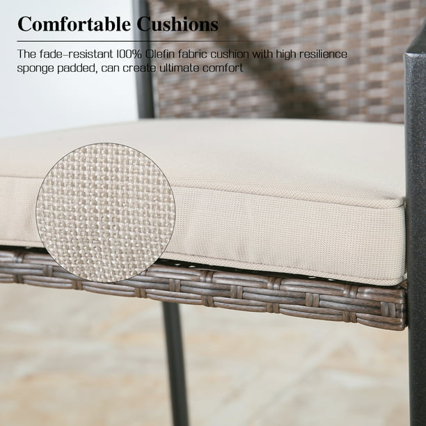 2 Pieces Patio Metal Bar Stools Outdoor Woven Wicker Height Bistro Chairs with Beige Seat Cushions