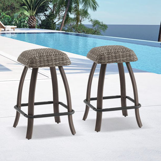 2 Pieces Outdoor Bar Height Stools All-Weather Patio Wicker Bar Chairs, Brown
