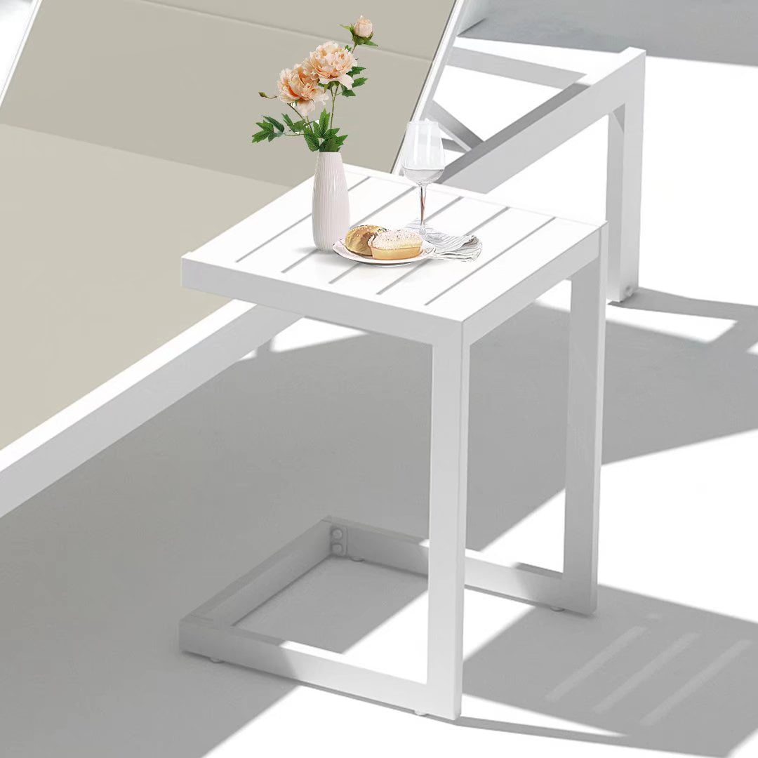 Patio Aluminum Side Table Outdoor Indoor C Shaped End Table, White