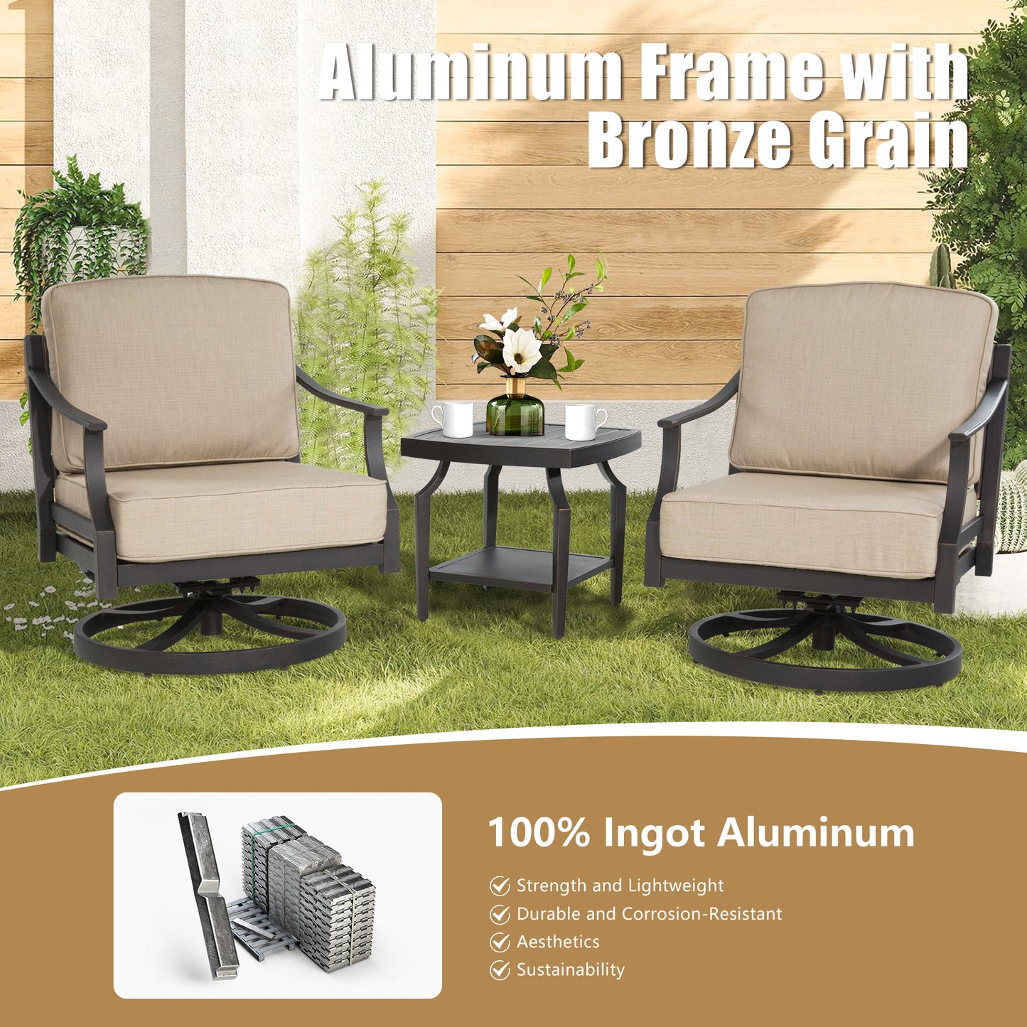 Tamarin 3 Pieces Aluminum Patio Bistro Set With Sunbrella® Cushions