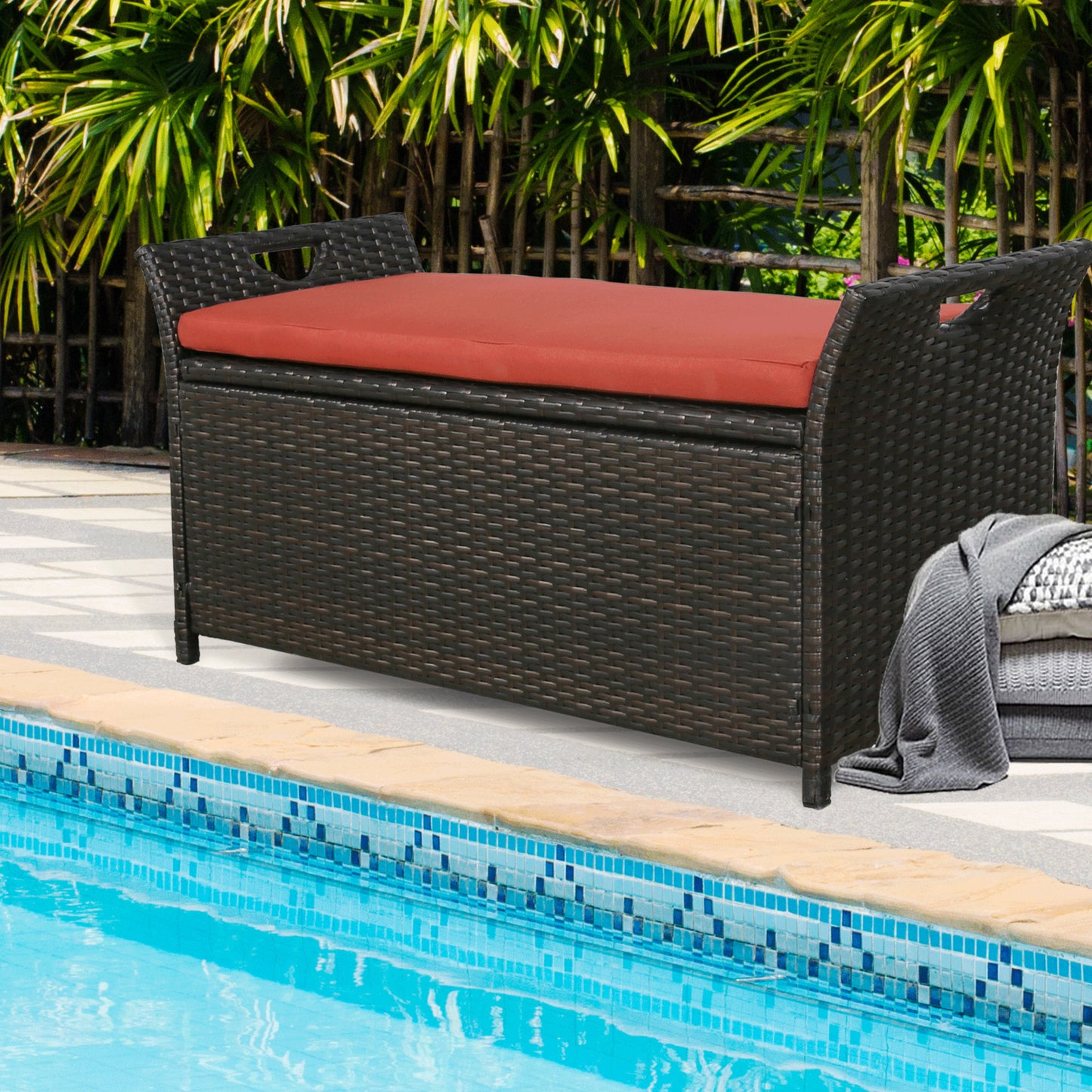 ULAX Outdoor Wicker Storage Bench with Cushion