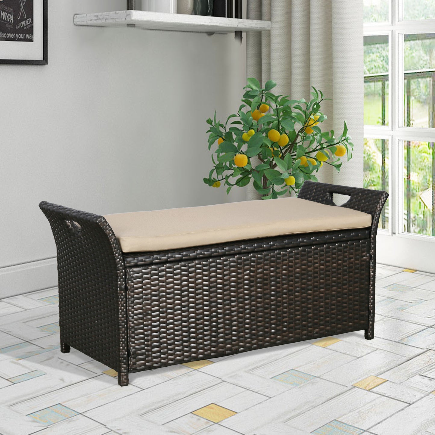 ULAX Outdoor Wicker Storage Bench with Cushion