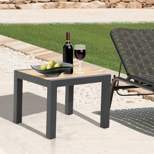 Patio Rectangular Aluminum Side Table With Teak Wood Tabletop