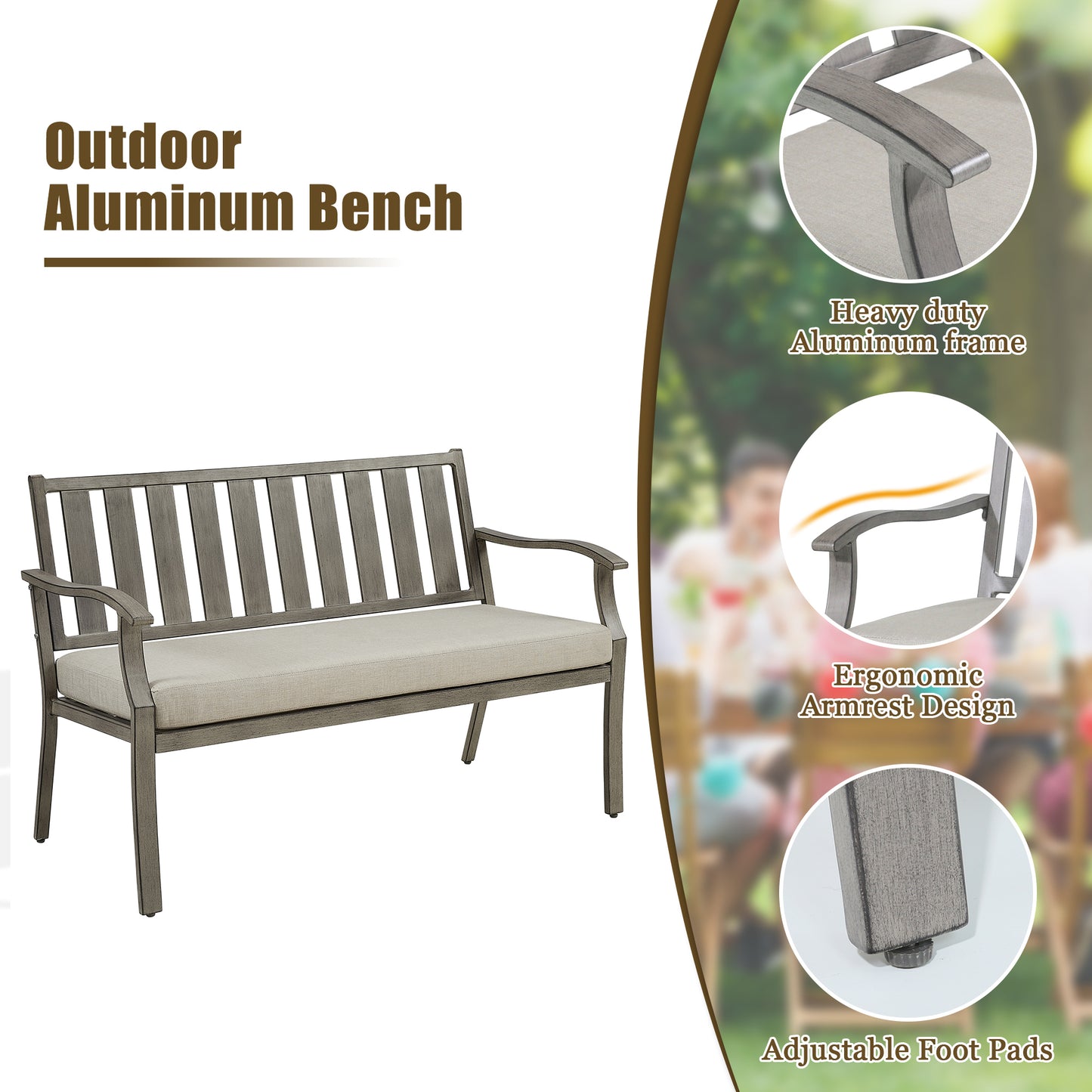 PEAKHOME Azur Patio Aluminum Bench with Sunbrella® Cushions