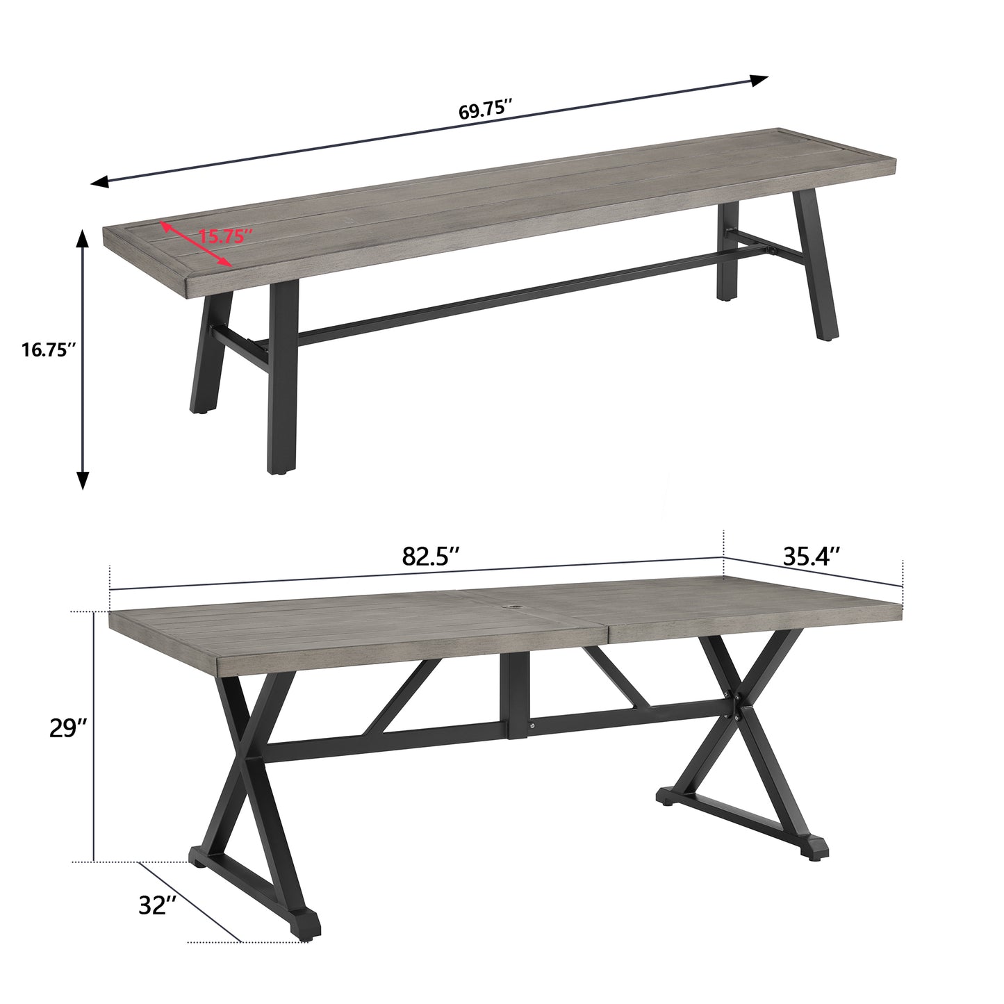 3 Pieces Patio Dining Set Outdoor Aluminum Rectangular Dining Table and Steel Outdoor Bench
