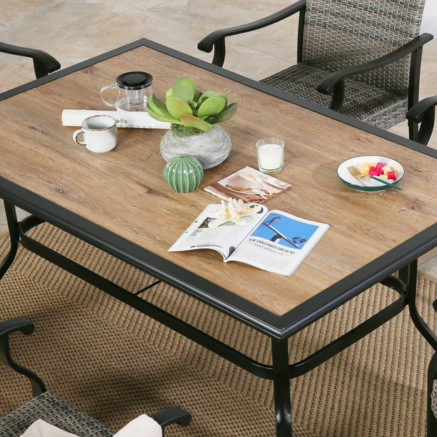 Patio Outdoor 61.5" Rectangular Dining Table, Metal Frame & Wood-Like Tabletop with 1.57” Umbrella Hole for 6 Person