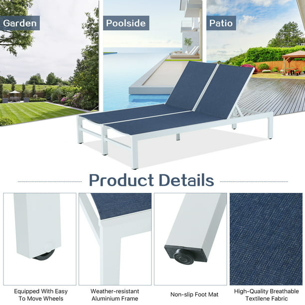 Patio Aluminum Double Textilene Chaise Lounge Outdoor Adjustable Recliner Chairs with Wheels (Navy)