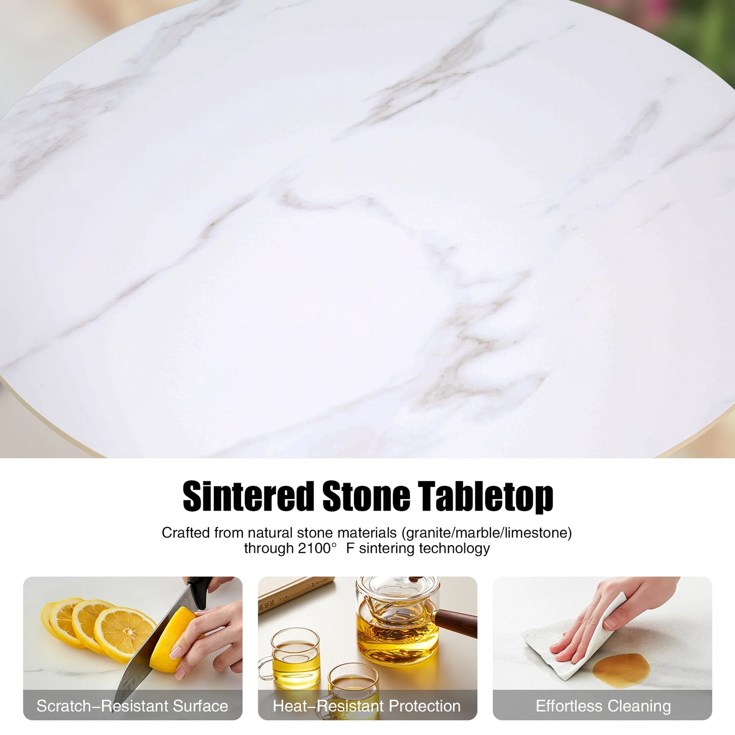 PEAKHOME-Stipa Round End Table With Sintered Stone Tabletop