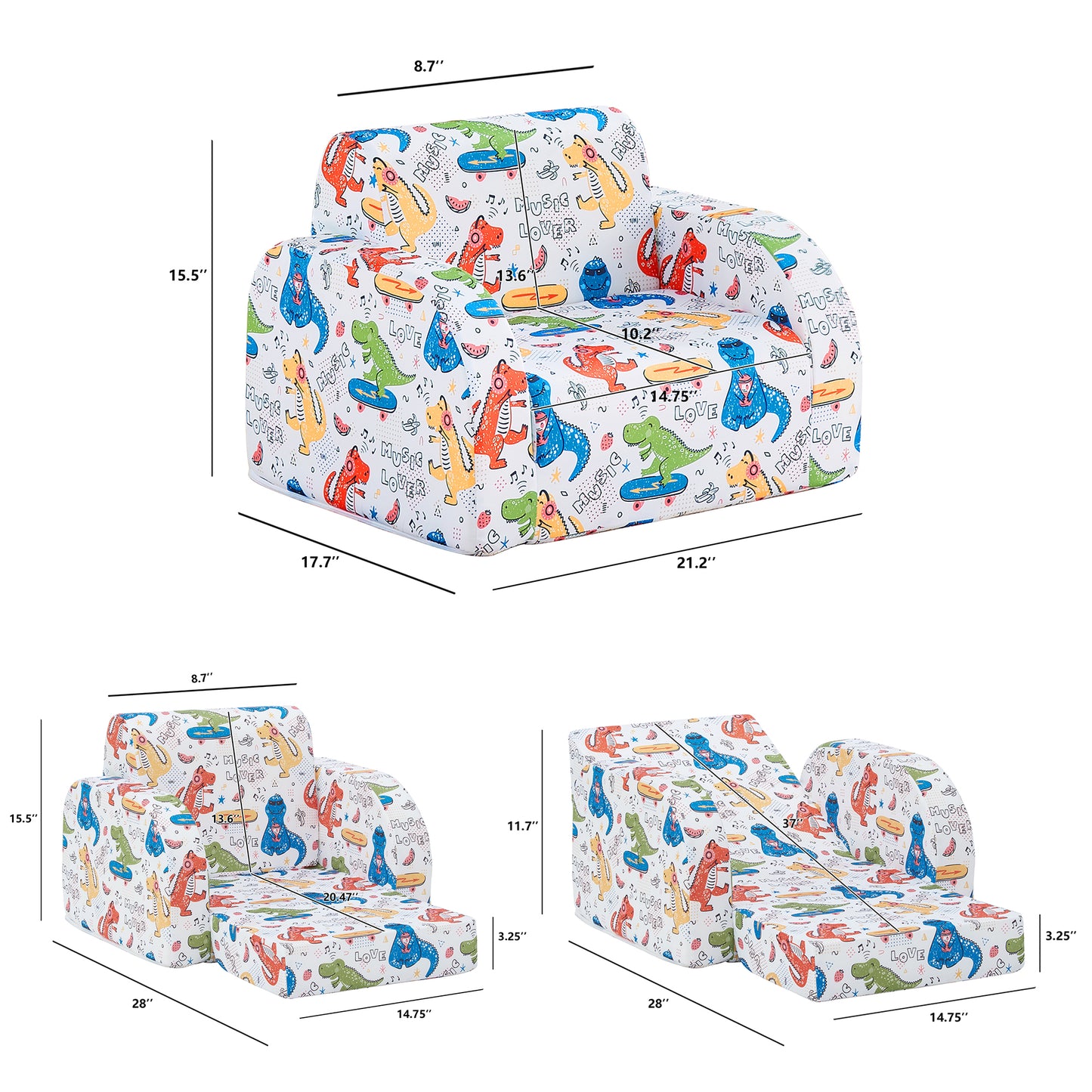 3-in-1 Convertible Kids Sofa Couch, Children Flip-Out Chair Multifunctional Toddler Lounger, White