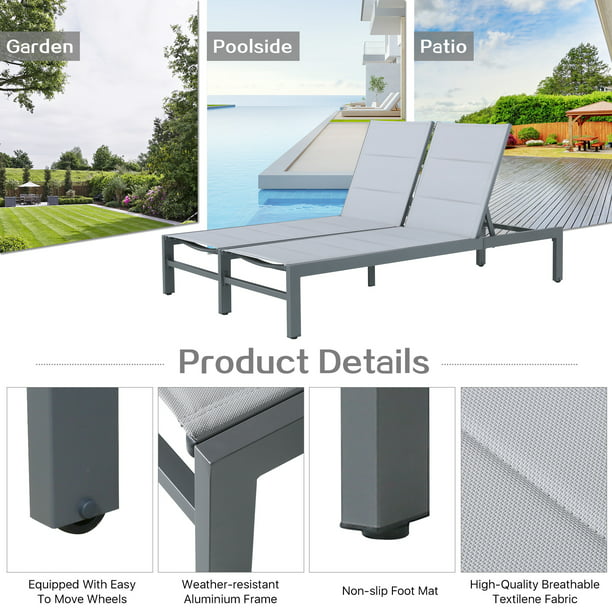 Patio Padded Aluminum Double Textilene Chaise Lounge Outdoor Adjustable Recliner Chairs with Wheels and Quick Dry Foam(Grey)