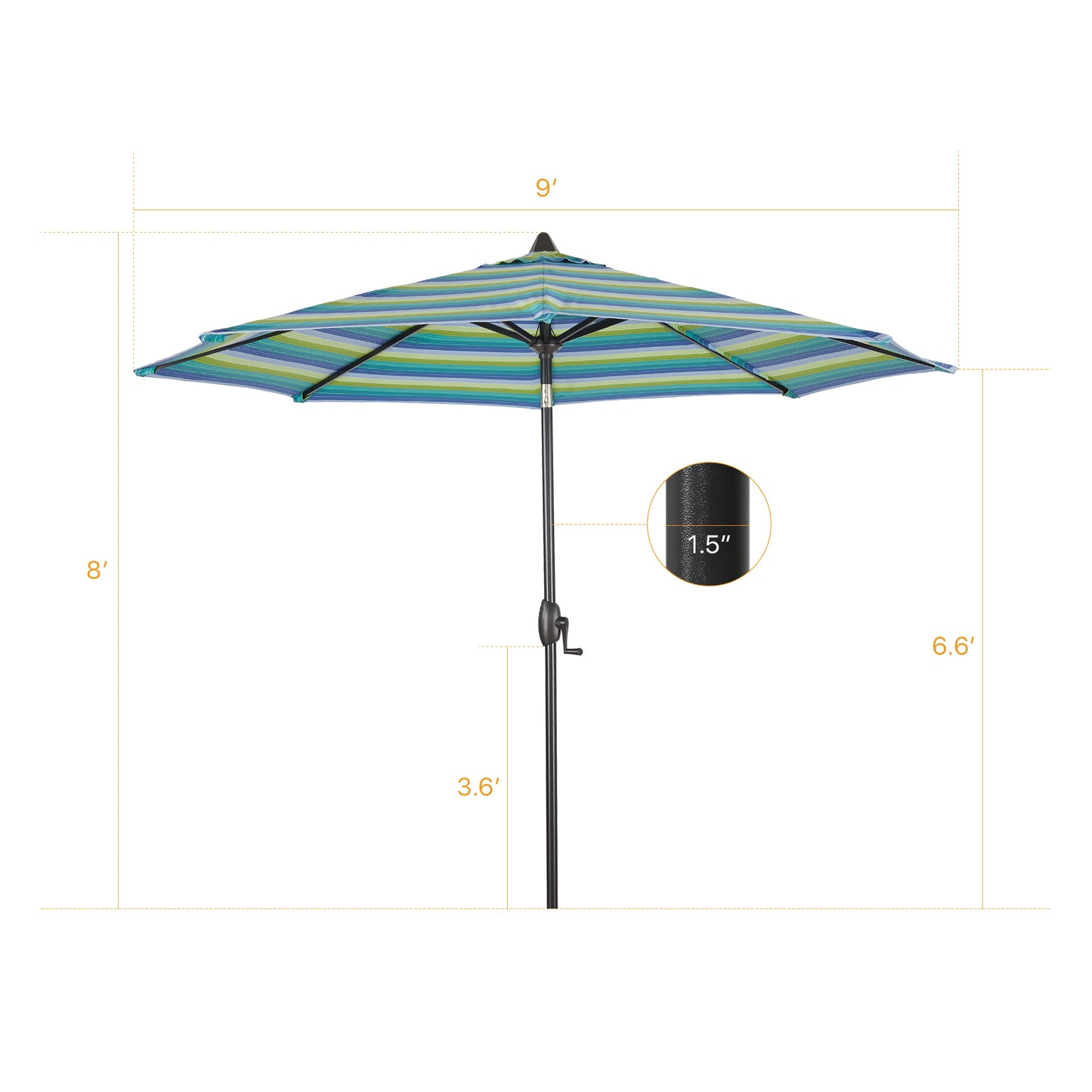 9 Ft Outdoor Sunbrella Tiltable Round Market Umbrella with Aluminum Pole and Crank (Seville Seaside)