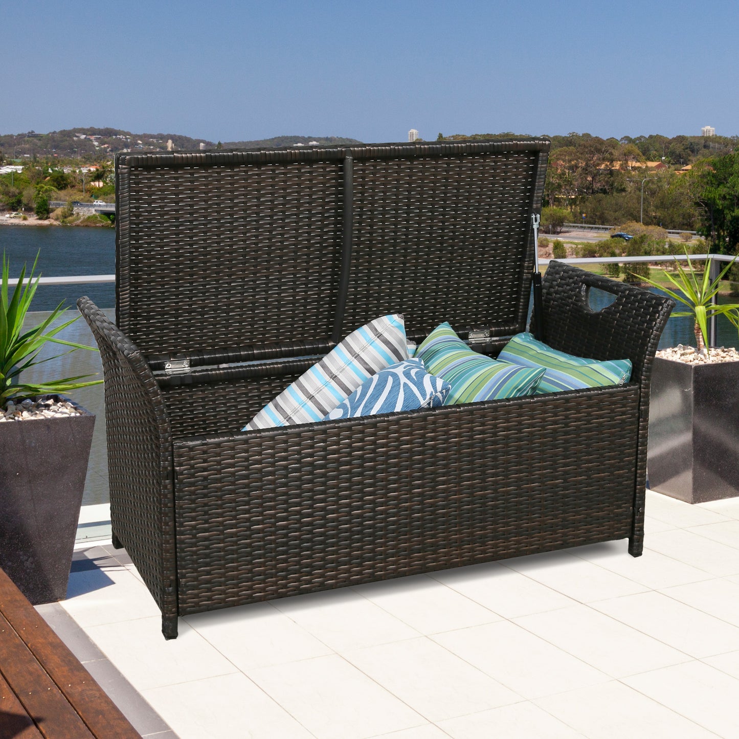ULAX Outdoor Wicker Storage Bench with Cushion