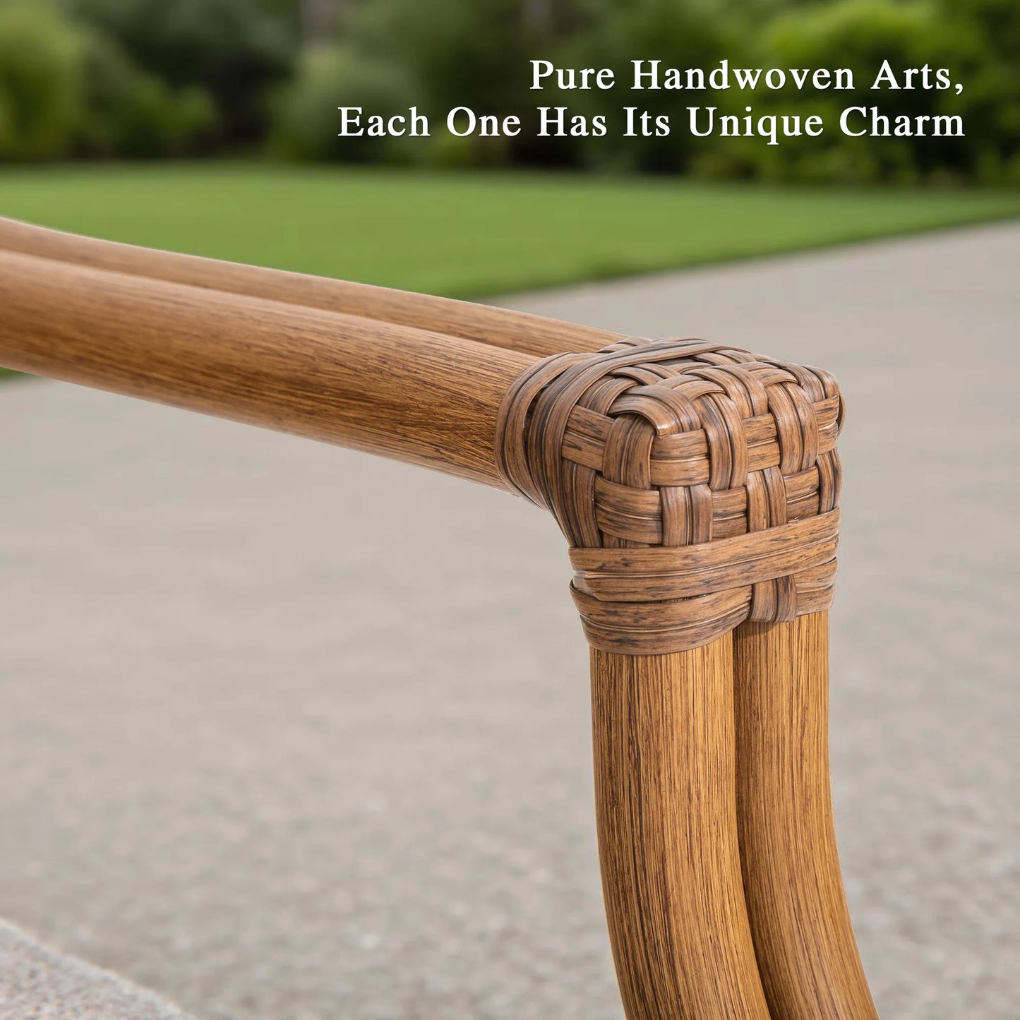 Close-up of a wicker chair arm with woven detail on a blurred outdoor background.