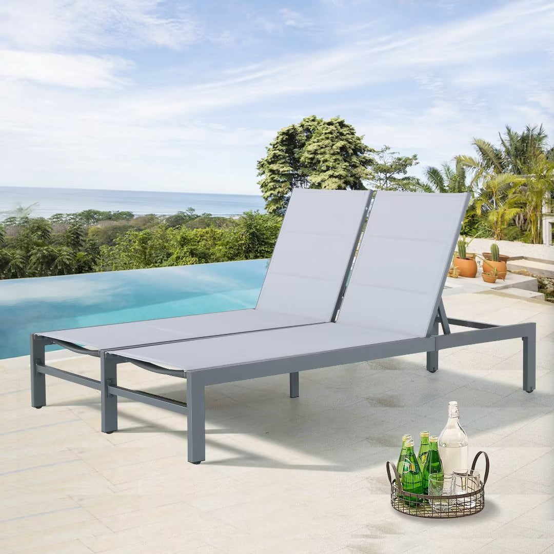 Patio Padded Aluminum Double Textilene Chaise Lounge Outdoor Adjustable Recliner Chairs with Wheels and Quick Dry Foam(Grey)