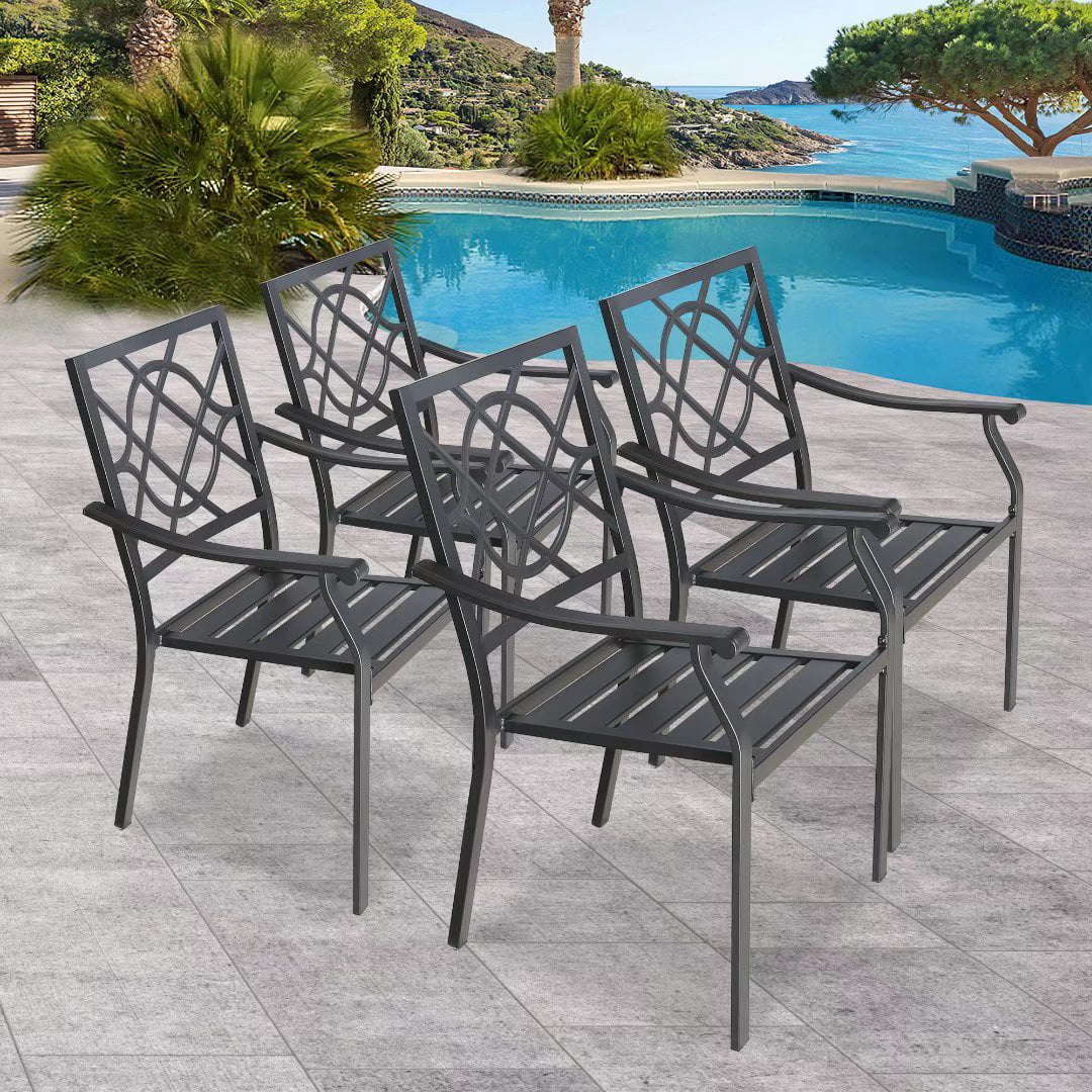 Patio Stacking Metal Dining Arm Chairs with Steel Slat Seat, Set of 4