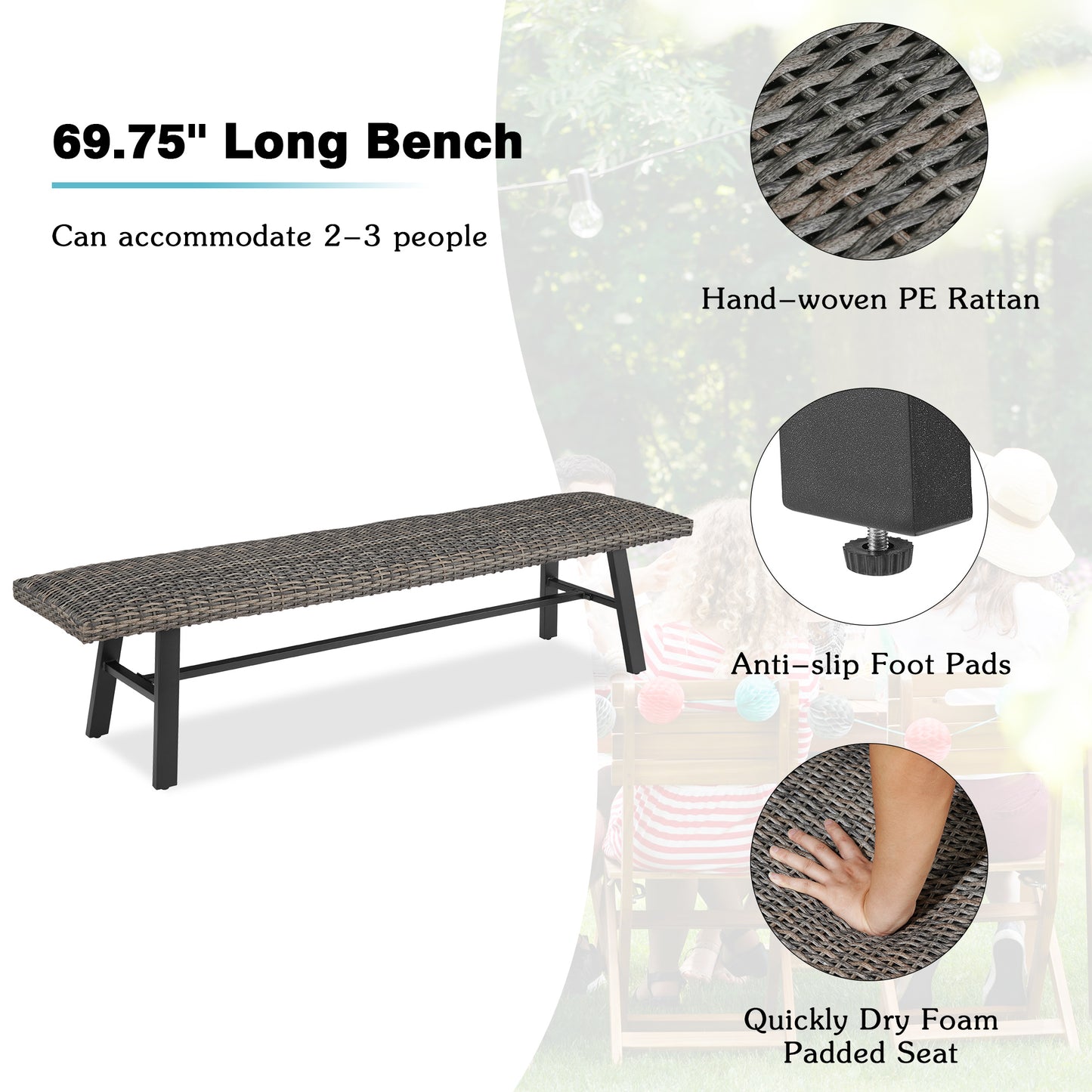 Pavane 70” All-weather Wicker Patio Bench, Mix Gray
