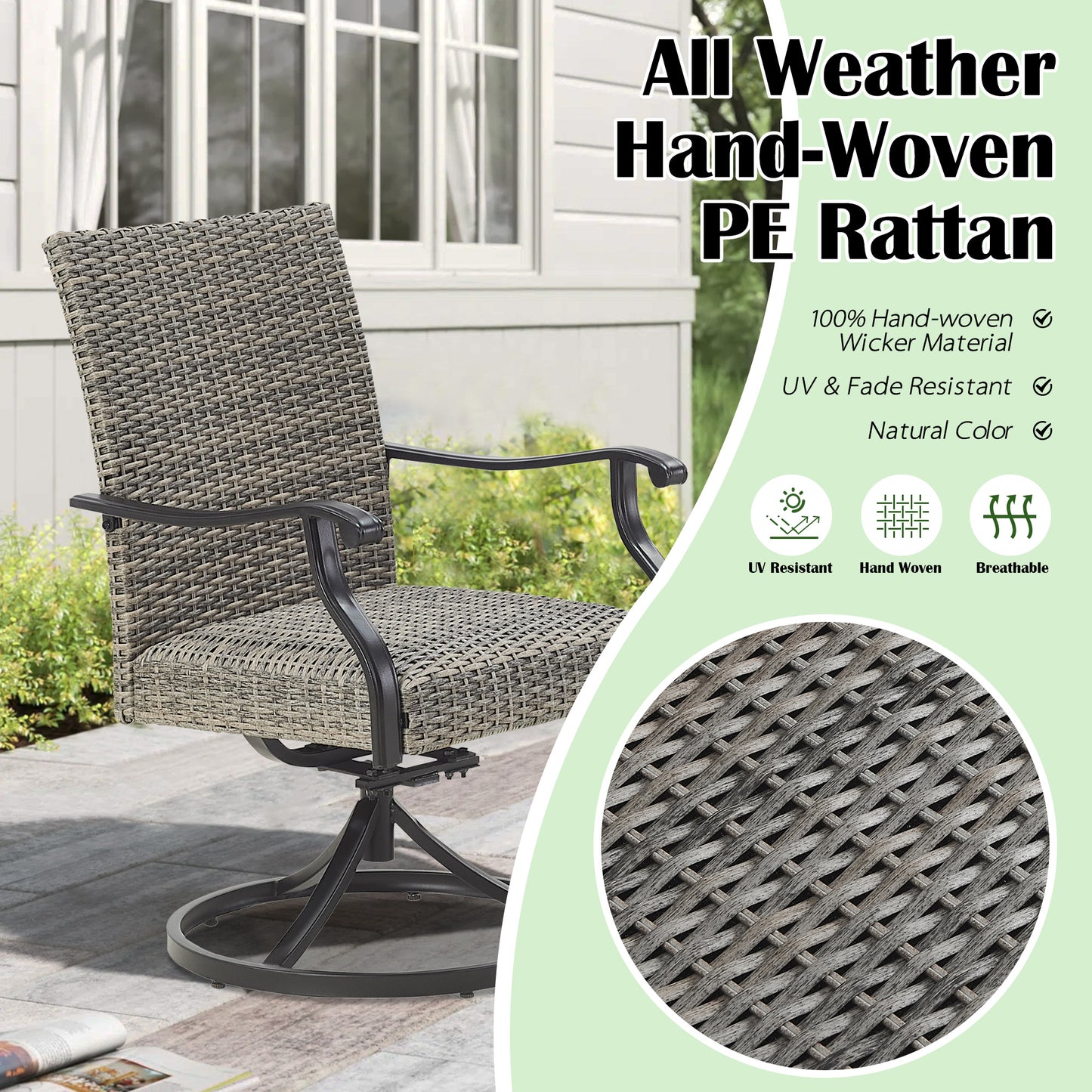 PEAKHOME Pavane 2-Pieces Patio Rattan Swivel Dining Chairs Padded with Quick Dry Foam