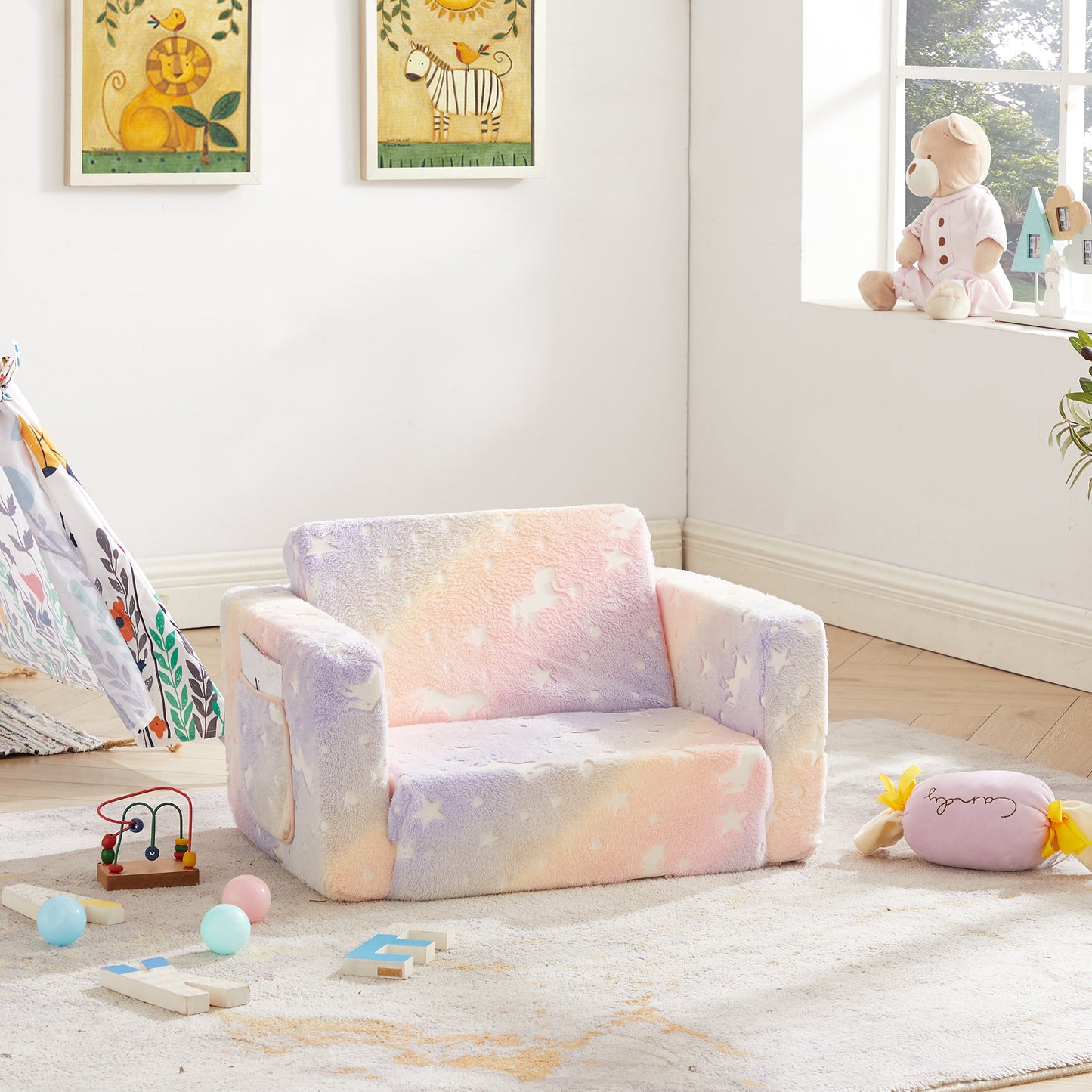 Convertible Kids Chair 2-in-1 Flip Open Kids Couch/Sleeper, Rainbow Star