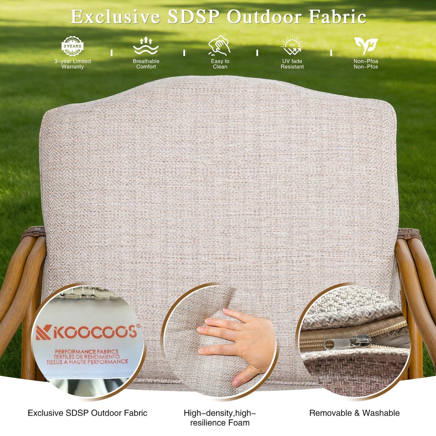 Chair with beige fabric cover featuring Kooocos branding and text about SDSP outdoor fabric.