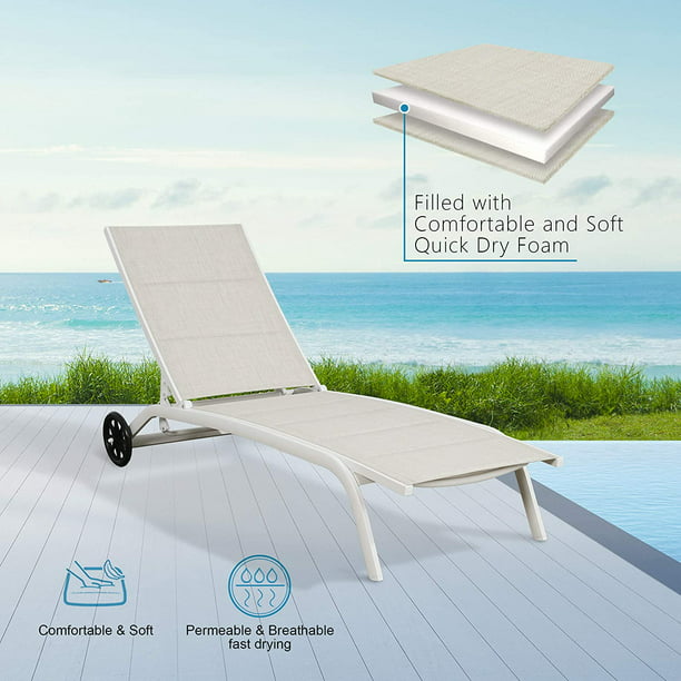 1 Piece Outdoor Patio Aluminum Adjustable Textilene Sling Reclining Chaise Lounge Chair Padded with Quick Dry Foam (Beige)