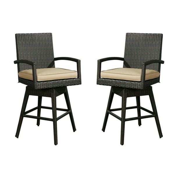 2 Pieces Outdoor Wicker Bar Stools Patio All-Weather Rattan Swivel Dining Chairs with Cushion, Brown