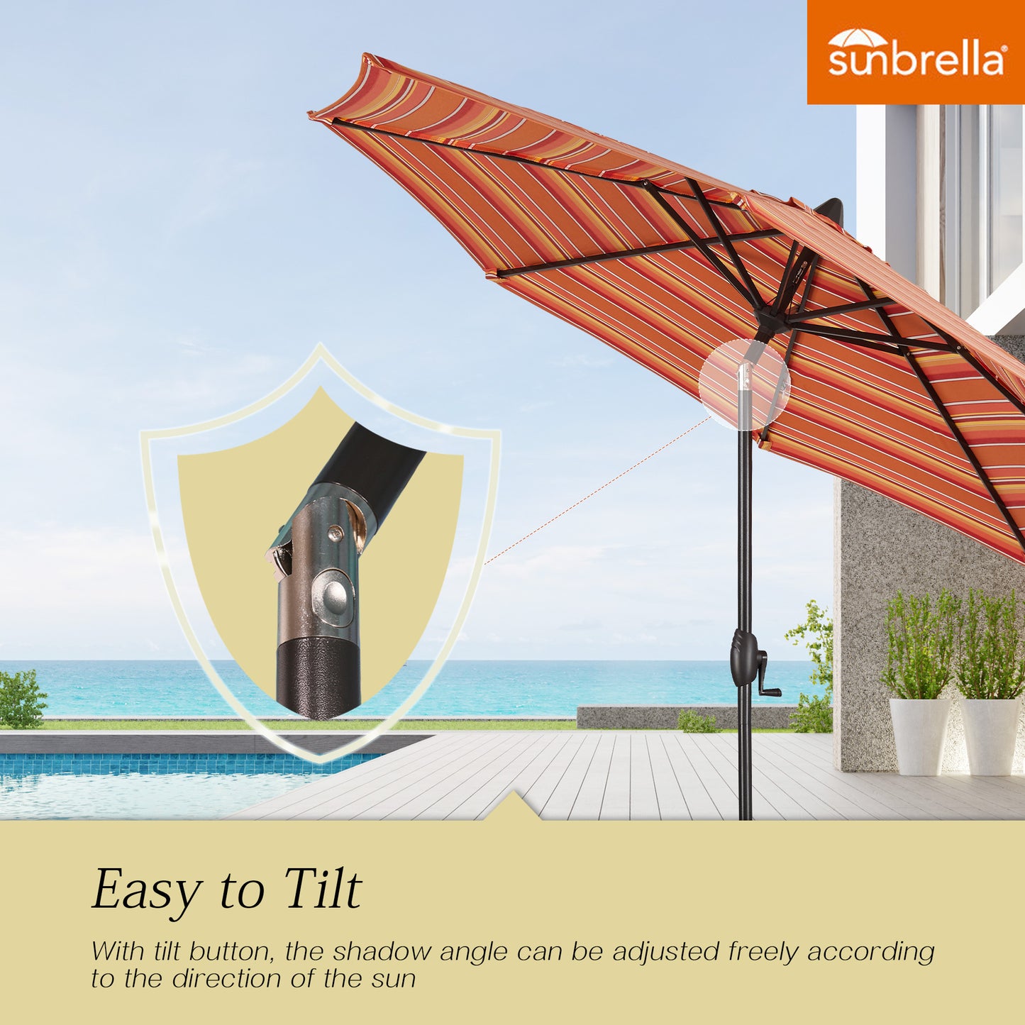 9 Ft Outdoor Sunbrella Tiltable Round Market Umbrella with Aluminum Pole and Crank (Dolce Mango)