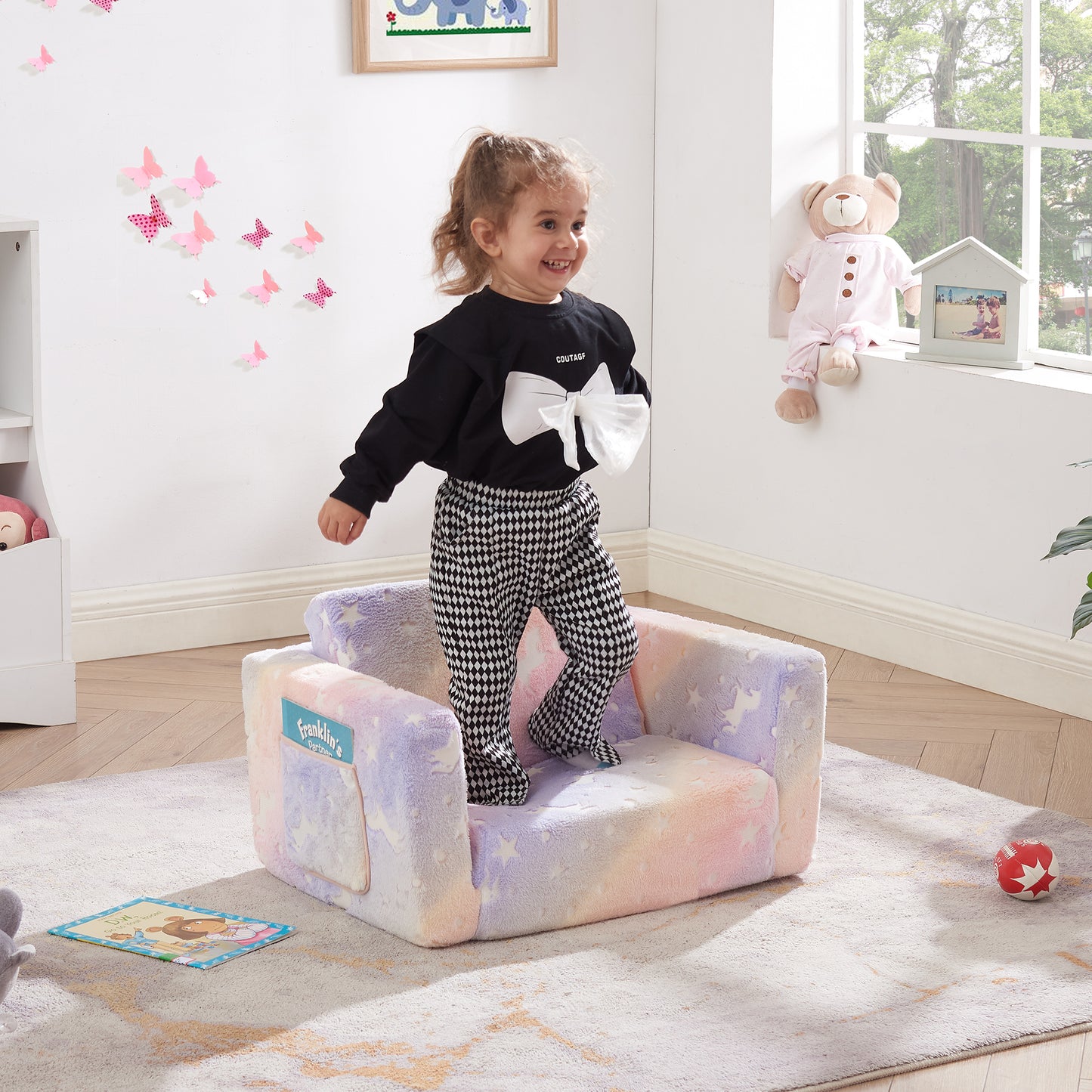 Convertible Kids Chair 2-in-1 Flip Open Kids Couch/Sleeper, Rainbow Star