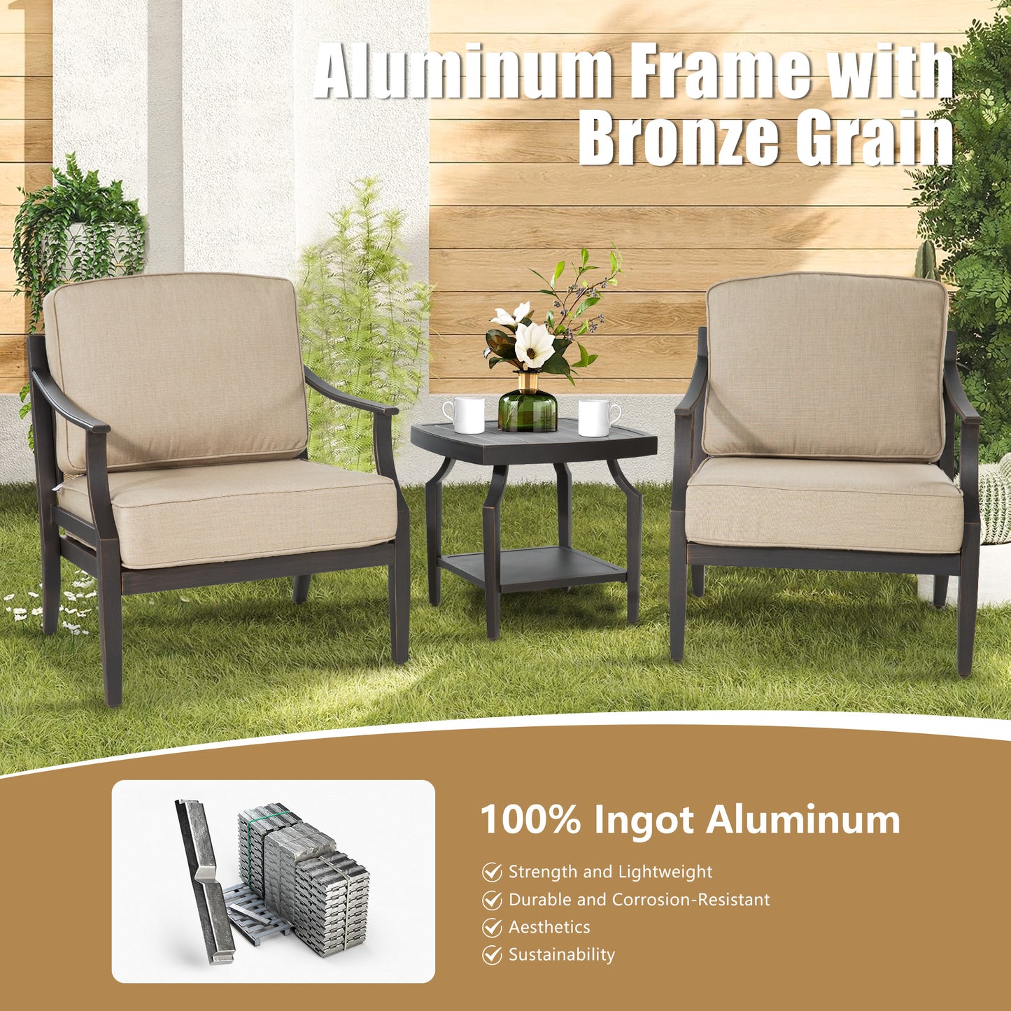 Tamarin 3 Pieces Aluminum Patio Bistro Set With Sunbrella® Cushions