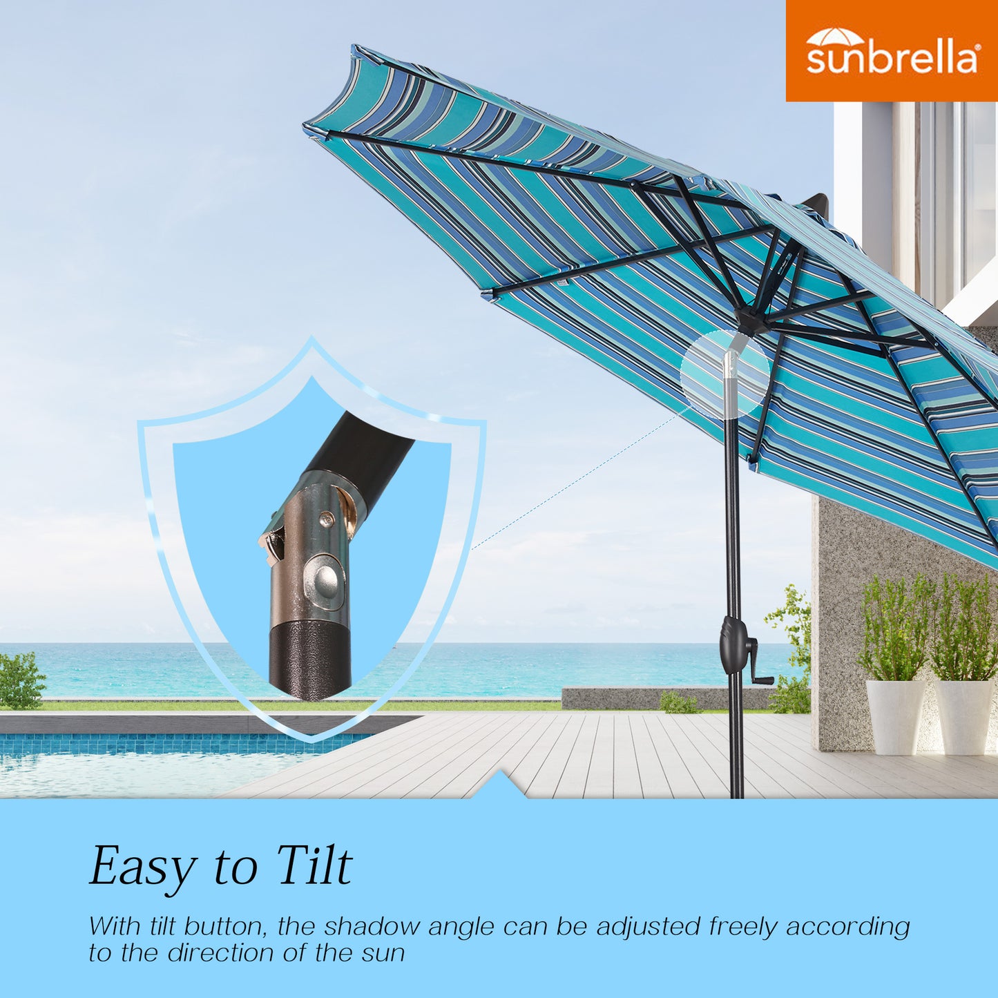 9 Ft Outdoor Sunbrella Tiltable Round Market Umbrella with Aluminum Pole and Crank (Dolce Oasis)
