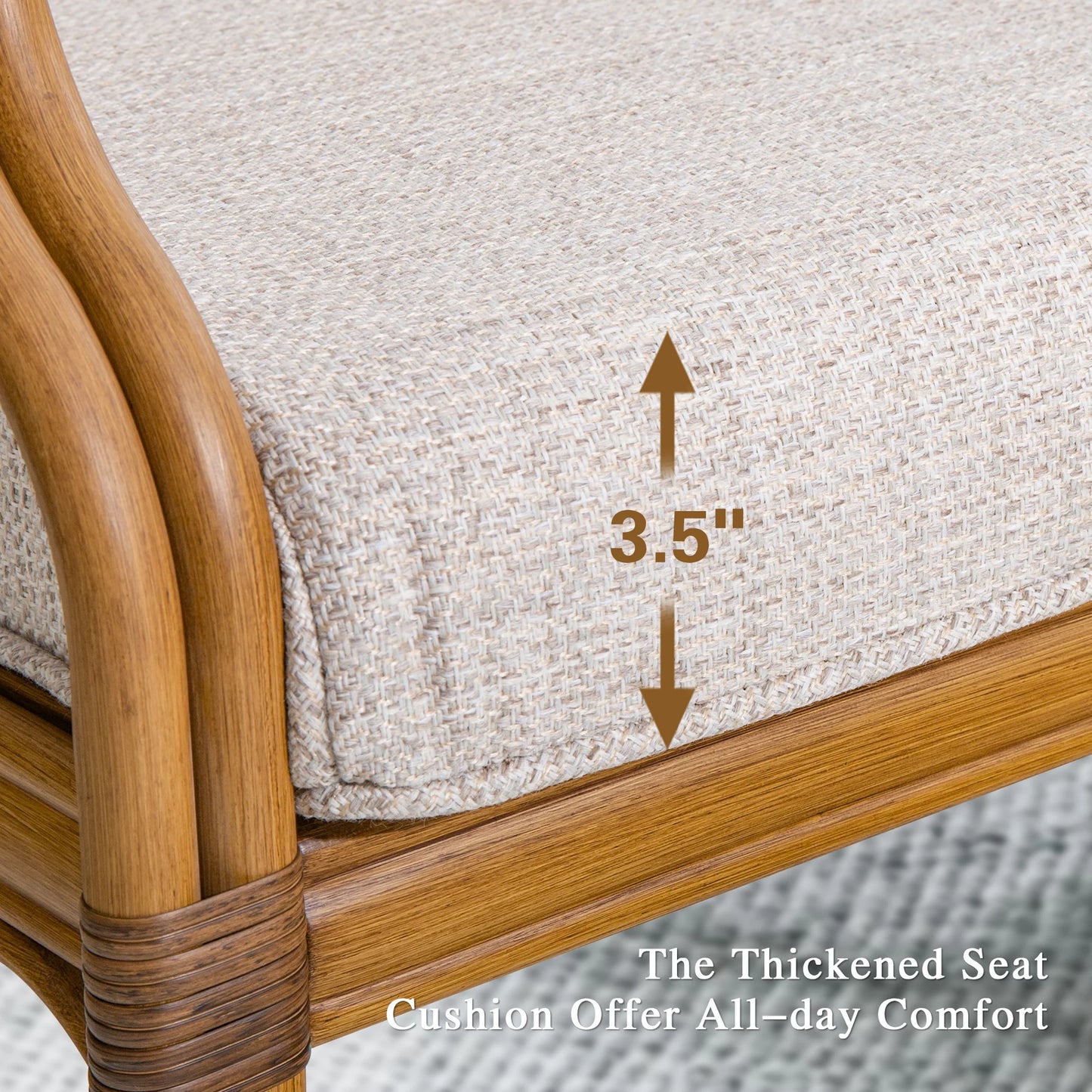 Wooden chair with a thick cushion labeled '3.5 inches' for comfort.