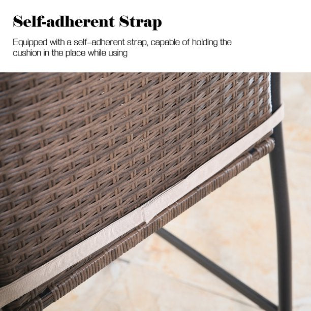 4 Pieces Metal Bar Stools Outdoor Woven Wicker Height Bistro Chairs with Beige Seat Cushions