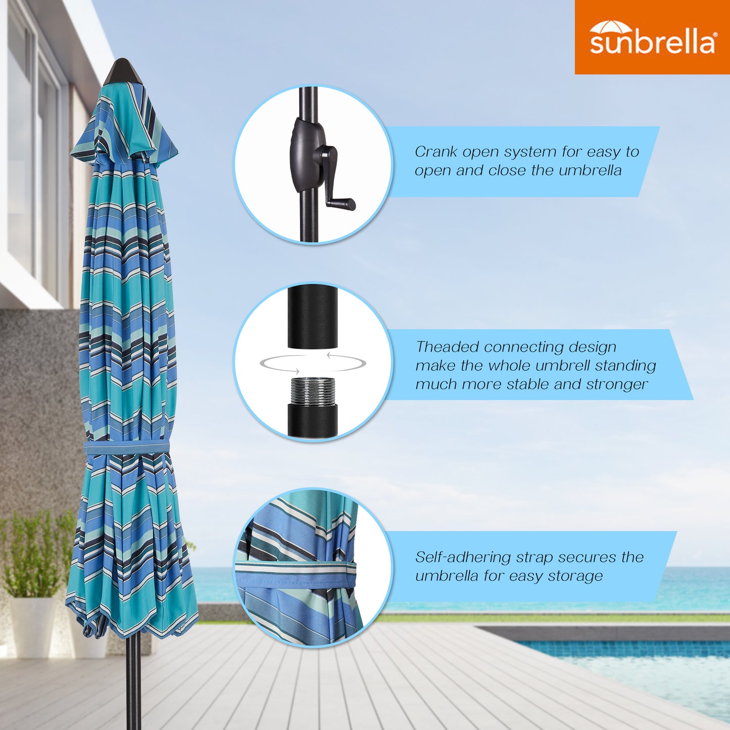 9 Ft Outdoor Sunbrella Tiltable Round Market Umbrella with Aluminum Pole and Crank (Dolce Oasis)