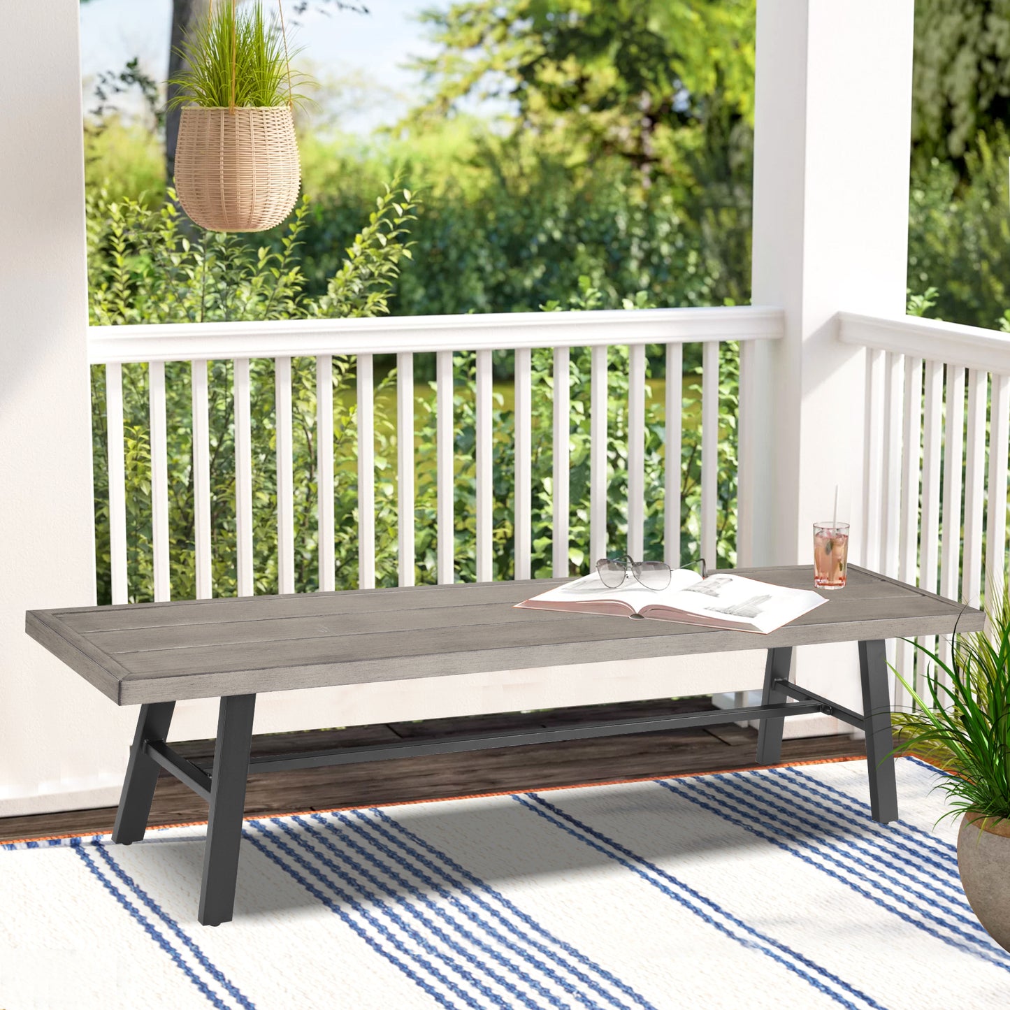 3 Pieces Patio Dining Set Outdoor Aluminum Rectangular Dining Table and Steel Outdoor Bench