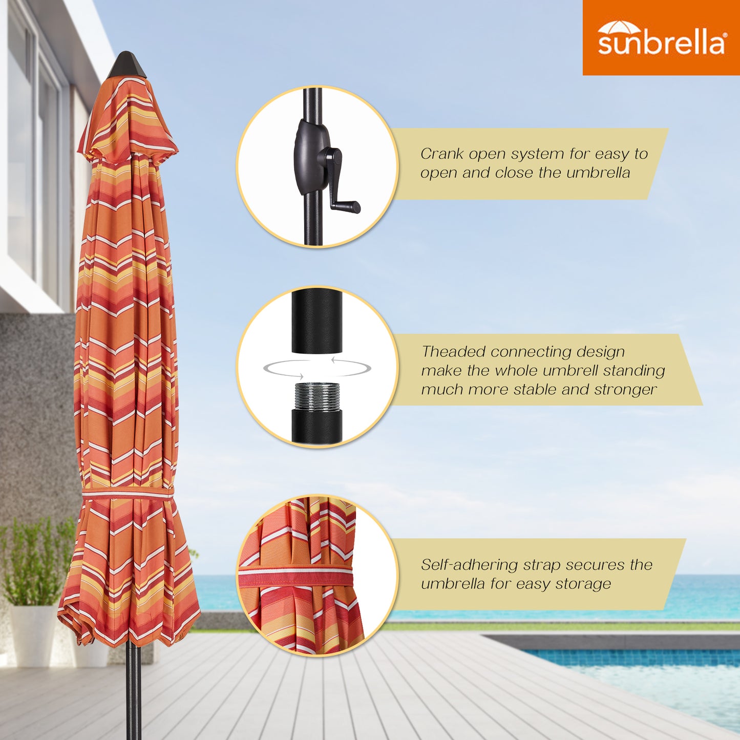 9 Ft Outdoor Sunbrella Tiltable Round Market Umbrella with Aluminum Pole and Crank (Dolce Mango)