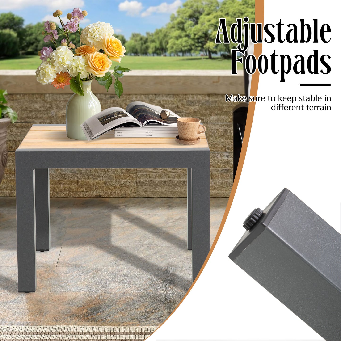 Patio Rectangular Aluminum Side Table With Teak Wood Tabletop