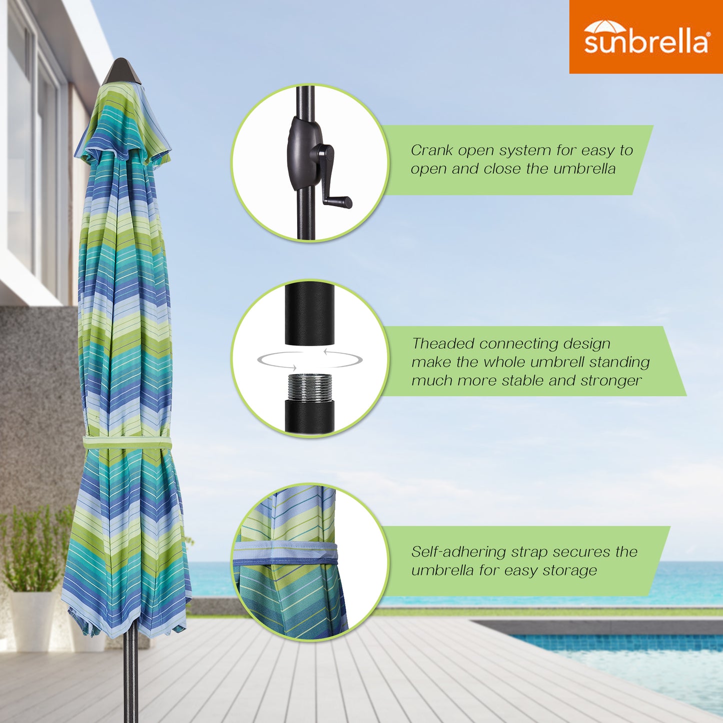 9 Ft Outdoor Sunbrella Tiltable Round Market Umbrella with Aluminum Pole and Crank (Seville Seaside)