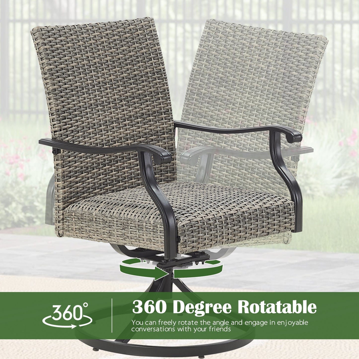 PEAKHOME Pavane 2-Pieces Patio Rattan Swivel Dining Chairs Padded with Quick Dry Foam