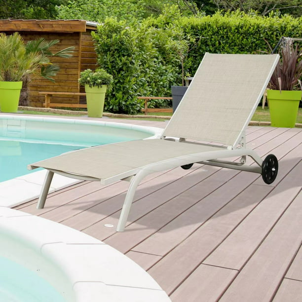 1 Piece Outdoor Patio Aluminum Adjustable Textilene Sling Reclining Chaise Lounge Chair Padded with Quick Dry Foam (Beige)