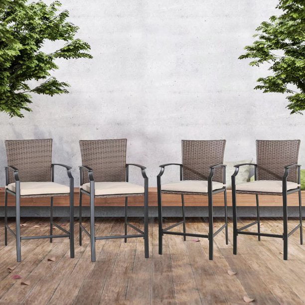 4 Pieces Metal Bar Stools Outdoor Woven Wicker Height Bistro Chairs with Beige Seat Cushions