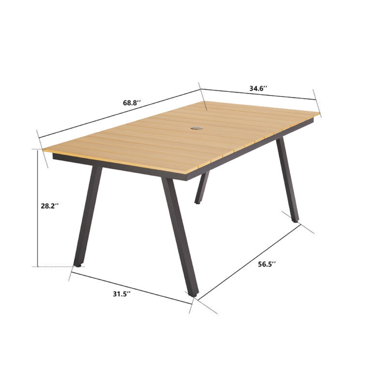Outdoor Dining Table, Aluminum Frame with Resin Wood Slat Table Top, Patio Rectangular Table with 1.57’’ Umbrella Hole