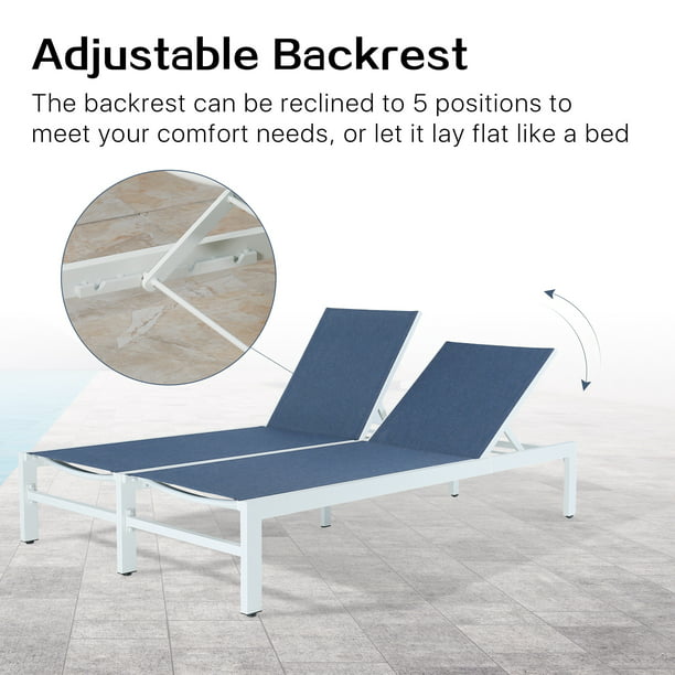 Patio Aluminum Double Textilene Chaise Lounge Outdoor Adjustable Recliner Chairs with Wheels (Navy)