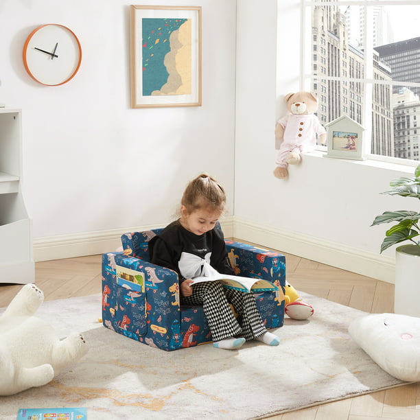 Convertible Kids Chair 2-in-1 Flip Open Kids Couch/Sleeper (Blue Dinosaur)